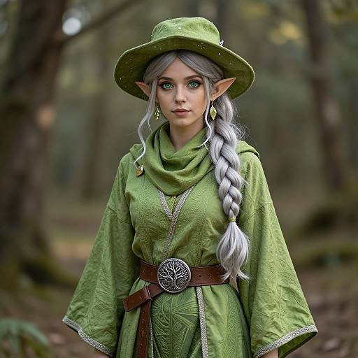 Photorealistic digital art of a silver-haired, green-eyed elf woman in a green medieval outfit, hat, and braid, standing in a forest