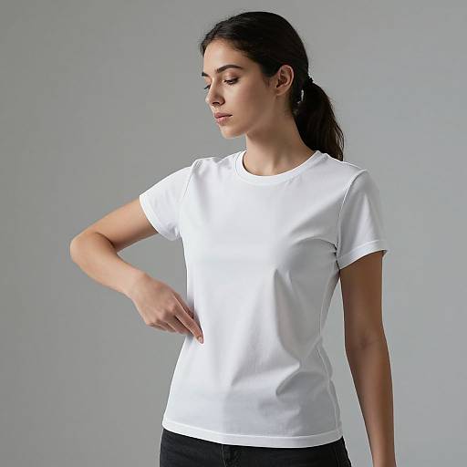 Photograph of a young woman with long dark hair in a ponytail, wearing a plain white short-sleeve t-shirt and black pants, standing