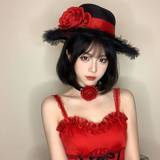 Digital artwork of an Asian woman with pale skin, black bob haircut, wearing a red dress with frills, black hat with red rose, red ch