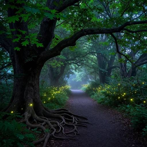 Photograph of a mystical forest path, lined with glowing fireflies, large trees with gnarled roots, and dense, green foliage.