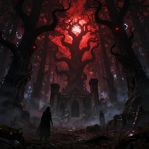 Dark fantasy digital painting of a foreboding, red-lit forest with twisted trees, silhouetted figures, and a crumbling archway at