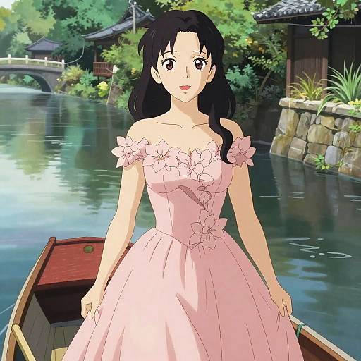 Anime-style digital drawing of a black-haired woman in a pink floral off-shoulder dress, standing in a traditional Japanese boat on a serene river,