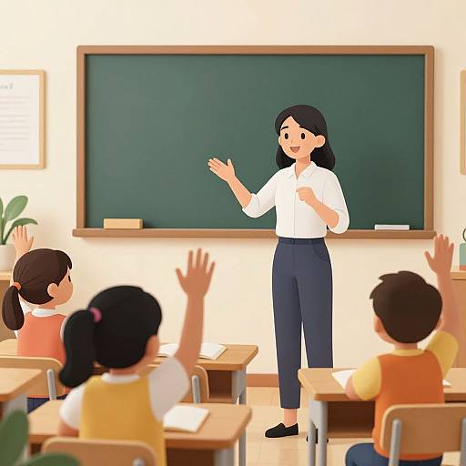Digital illustration of a smiling female teacher with black hair, white shirt, and blue pants, teaching a classroom of three raised-hand students. Green chalkboard