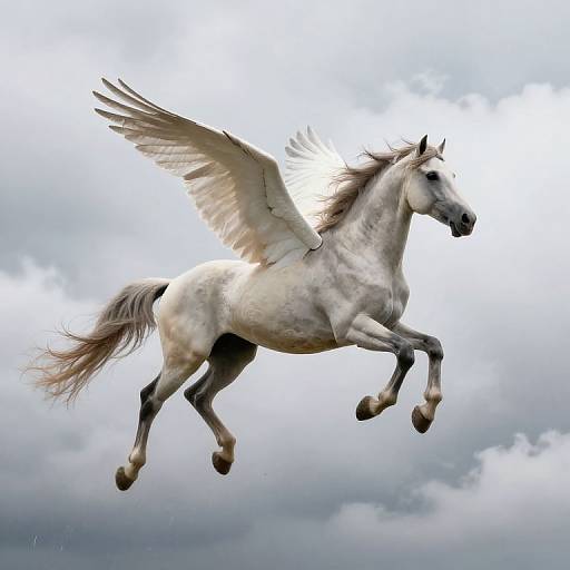 Photograph of a white Pegasus horse with wings, mid-leap, against a cloudy sky. The horse's mane and tail flow gracefully, highlighting