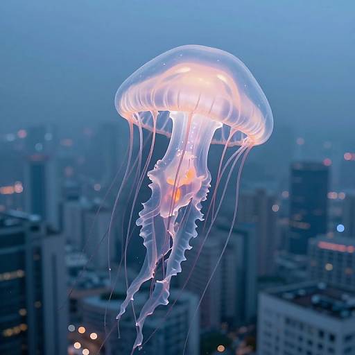 Photograph of a glowing, translucent jellyfish with long, flowing tentacles floating above a blurred urban skyline at dusk, illuminated by soft blue and white