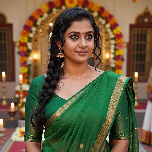 Photograph of a beautiful Indian woman with dark curly hair in a braid, wearing a green saree with gold trim, gold earrings, and a