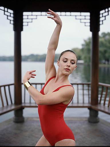 Photograph of a slender, fair-skinned woman with dark hair in a red one-piece leotard, posing gracefully with arms raised in an outdoor
