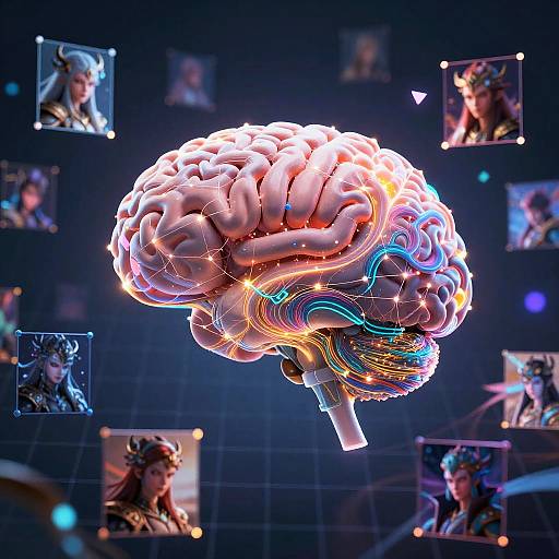 Digital CGI of a glowing, neon-lit human brain with colorful neural pathways, surrounded by holographic images of a futuristic woman with horns.