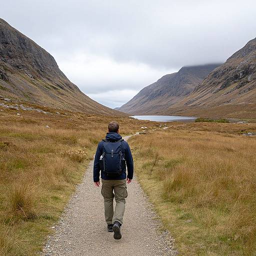Photograph of a lone hiker in a blue jacket and beige pants walking away on a gravel path through a rugged, mountainous landscape with a cloudy