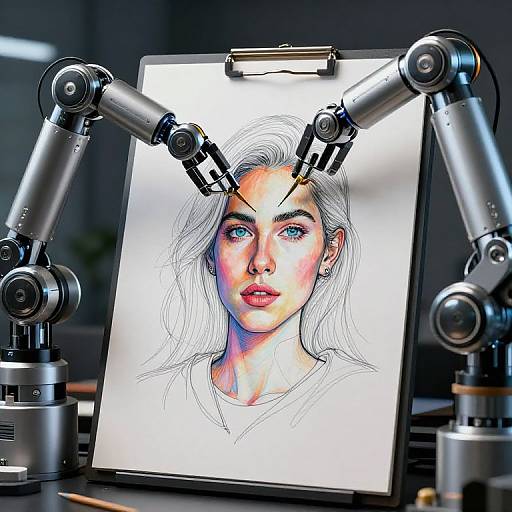 Digital art: A realistic drawing of a woman with blue eyes and pink lips, created by robotic arms on a whiteboard.