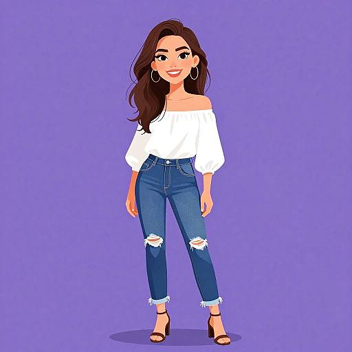 Digital illustration of a smiling woman with long brown hair, wearing a white off-shoulder top, ripped blue jeans, and black heels, against a