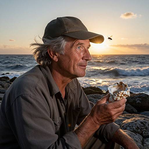 Photograph of an older man with gray hair, wearing a black cap and shirt, holding a seashell, sitting on rocky beach at sunset.