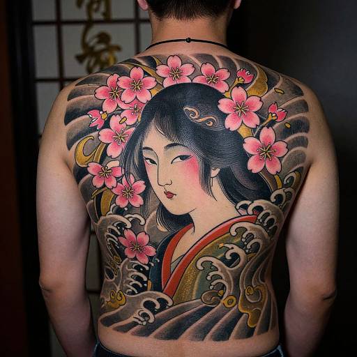 Photograph of a man's back, featuring a detailed, colorful traditional Japanese tattoo of a cherry blossom-adorned geisha with flowing waves and intricate