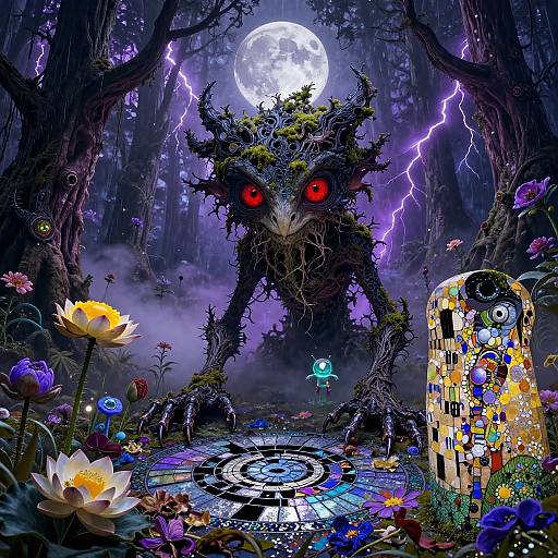 Digital fantasy artwork: A menacing, red-eyed, twisted tree creature with lightning bolts stands over a glowing, flower-filled pool, beside a colorful, mosaic