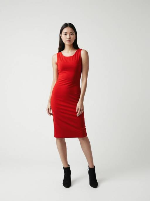 Woman in Red Sleeveless Midi Dress