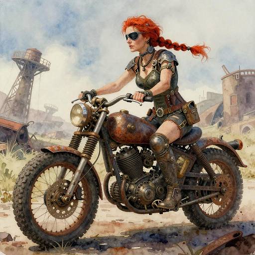 Digital painting of a red-haired woman with braided hair and sunglasses, riding a rusty motorcycle through a post-apocalyptic wasteland.