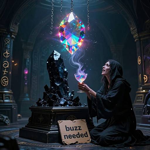 Photograph of a woman in black robes, kneeling in a dark, mystical chamber, holding a glowing, rainbow crystal over a black, jagged altar