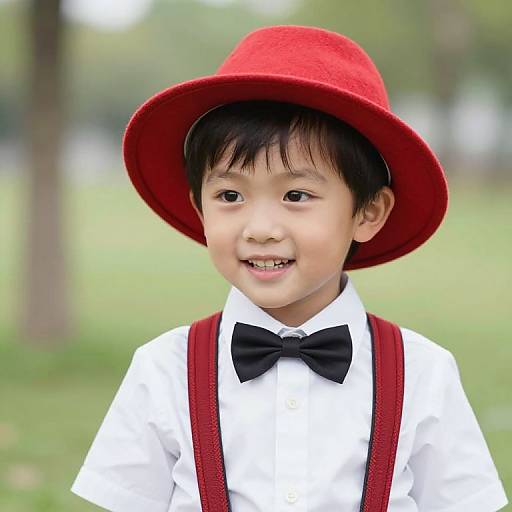 Photograph of an Asian toddler with black hair, wearing a bright red hat, white shirt, black bow tie, and red suspenders, smiling in
