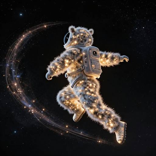 Digital artwork of a fuzzy, bear-like astronaut with glowing lights, floating in space, leaving a trail of stars behind.