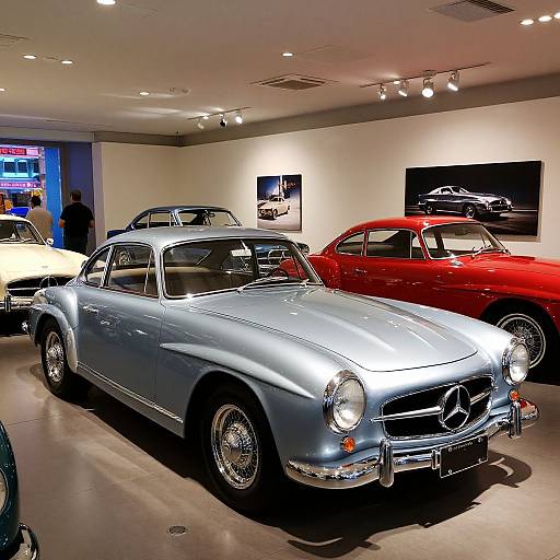 Photograph of a shiny blue vintage car with chrome details, displayed in a well-lit car museum, flanked by a red and white classic car