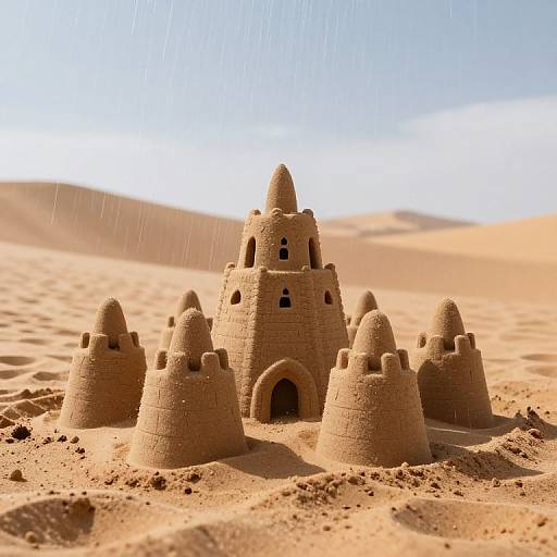 Photograph of intricately detailed sandcastle with multiple conical towers, arched entrance, and small windows, set in a sunlit desert with d