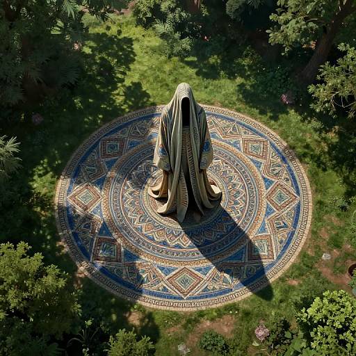 Aerial photo of a robed figure in a hooded cloak standing on an intricately patterned, circular mosaic surrounded by lush greenery.