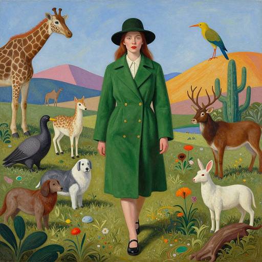 Painting of a woman in a green coat and hat, standing in a vibrant, animal-filled meadow with giraffe, deer, birds, and
