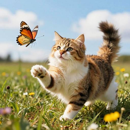 Playful Calico Cat Chasing Butterfly