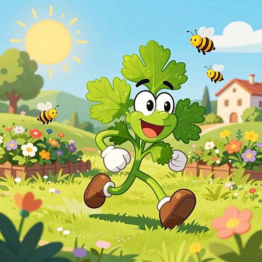 Cartoon Parsley Character Running in Herb Garden