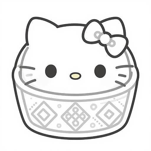 Cartoon Hello Kitty drawing with a transparent cup on her head, featuring a bow, black eyes, and a small yellow nose.