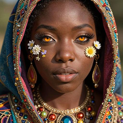Photograph of a dark-skinned woman with striking orange eyes, adorned with daisy flowers on her cheeks, wearing a colorful, bejeweled