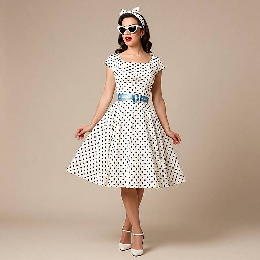 Photograph of a woman in a white polka-dot dress, blue belt, white heels, white bow headband, and sunglasses, standing against a