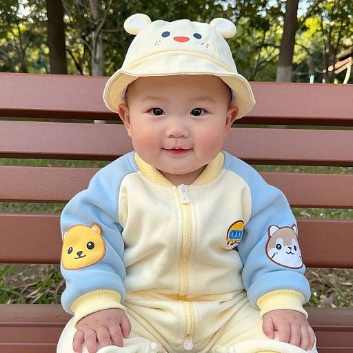 Photograph of a smiling baby with light skin, wearing a white bear hat, light blue and yellow onesie with animal patches, sitting on a wooden