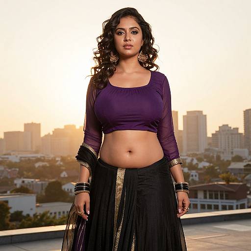 Photograph of a confident, curvy South Asian woman with long, wavy black hair, wearing a purple crop top and black dupatta, standing