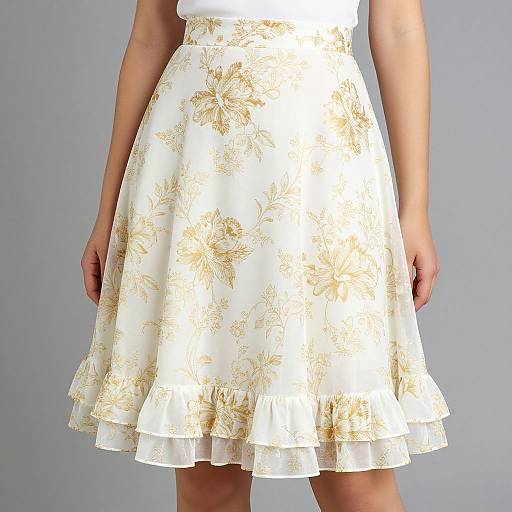 Photograph of a woman's waist to mid-thigh, wearing a white floral-embroidered A-line dress with ruffled hem, against a