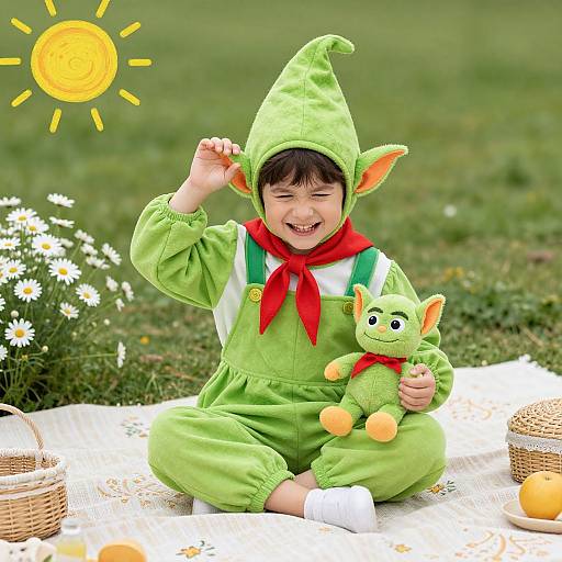 Photograph of a smiling child in a green elf costume with pointy hat, red scarf, and green toy elf, sitting on a blanket in a