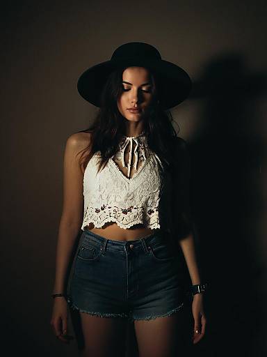 Boho Chic Woman in White Lace Halter Top and Wide-Brimmed Hat