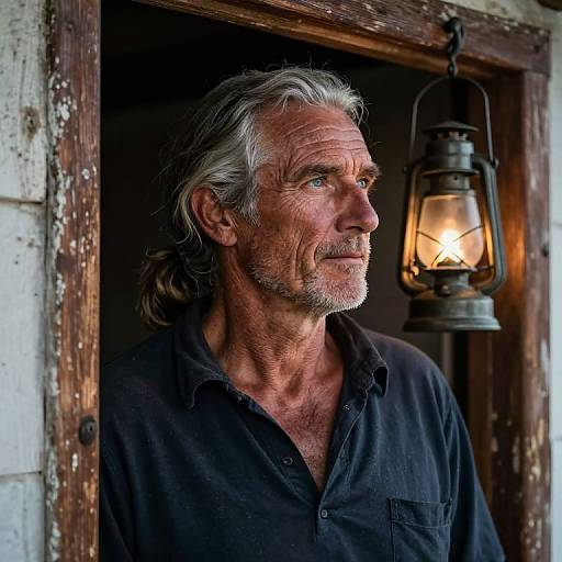 Photograph of an older white man with gray hair and beard, wearing a black shirt, standing in a dimly lit doorway with an illuminated lantern.