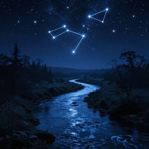 Digital artwork of a starry night sky over a glowing blue river, with constellation lines connecting bright stars above. Silhouetted trees line the river