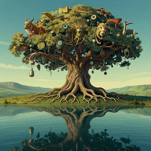 Digital artwork of a surreal tree on a reflective lake, adorned with various animals, masks, and objects, set against a blue sky and green hills.
