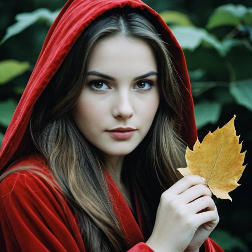 Young Woman in Red Robe Holding Autumn Leaf