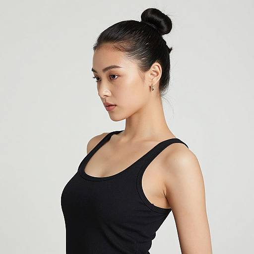 Photograph of a young Asian woman with fair skin, black hair in a bun, wearing a black tank top, looking sideways against a white background.