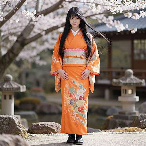 Woman in Orange Kimono by Cherry Blossoms
