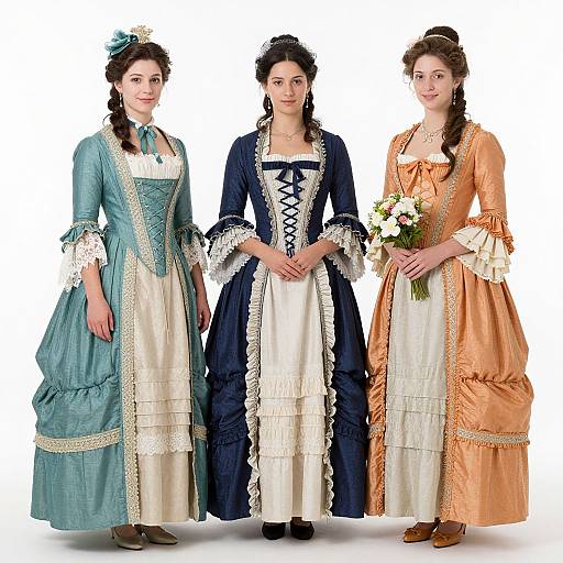 Photograph of three Victorian-era women in elaborate, color-coded dresses: teal, navy blue, and peach, with lace details, holding hands, white