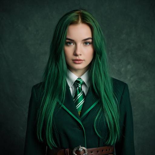 Young Woman in Slytherin Costume with Green Hair