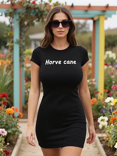 Photograph of a brunette woman with large sunglasses, wearing a tight black 