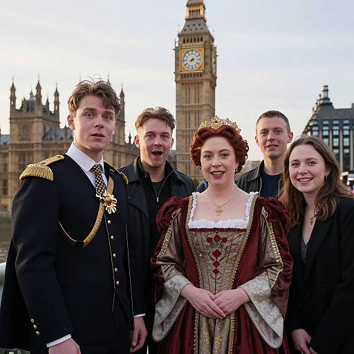 Photograph of five people in Victorian attire standing in front of the London Big Ben; woman in red dress with crown, four men in black coats and