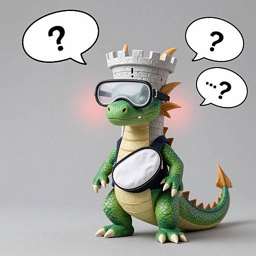 CGI cartoon green dinosaur with a stone helmet, VR goggles, and chest plate, standing confused with question marks in speech bubbles.