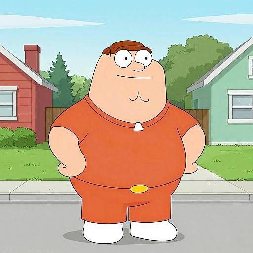 Cartoon image of a chubby, pale-skinned man with a brown cap, red outfit, white shoes, standing on a suburban street. Background includes