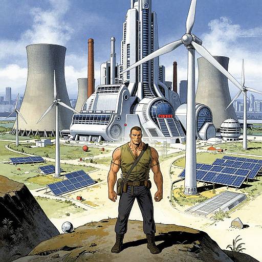Muscular man with tan skin, green tank top, and black pants stands confidently in front of a futuristic, windmill-filled industrial landscape. Digital art